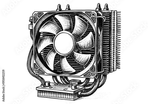 Detailed illustration of a computer CPU cooler with fan and heat sink