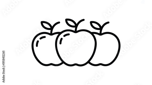 Three apples with stems and leaves side by side in a line