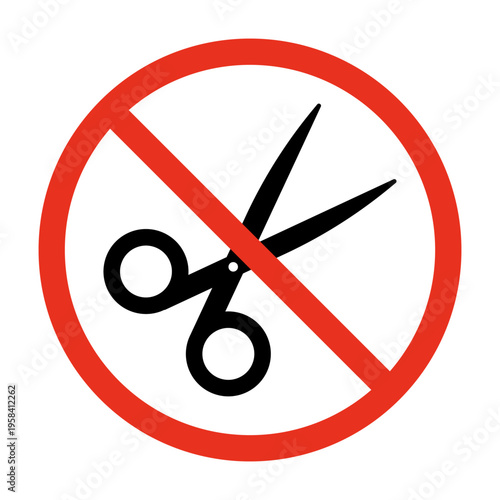 Scissors inside red circle with diagonal line. Prohibited sign indicating no cutting allowed. Warning symbol for restriction, safety regulation denial of usage in public facility. Vector illustration