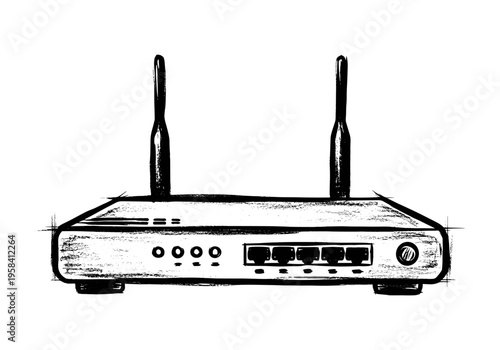 Hand drawn sketch of a wireless router with antennas and ports