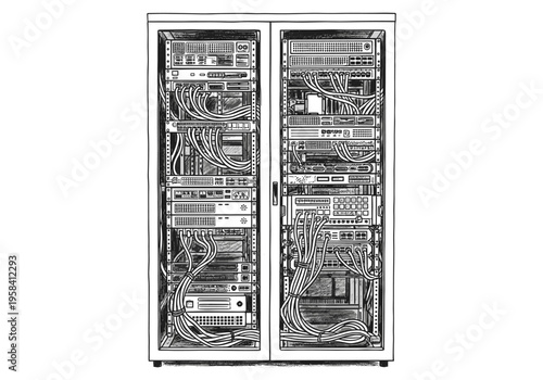 Detailed illustration of a server rack filled with networking equipment and cables