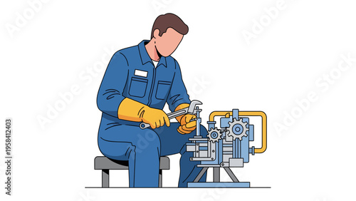 Mechanical Precision: An experienced technician, engrossed in his task, meticulously uses tools to inspect and maintain a machine, with the unwavering focus and detail.