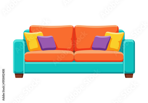 Modern two-seater sofa with vibrant orange cushions and teal frame