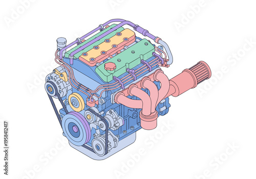 Colorful isometric illustration of a detailed internal combustion engine on a white background