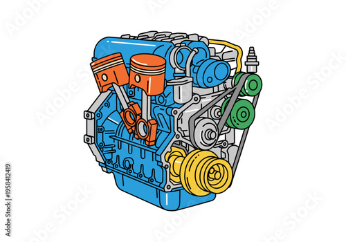 Detailed illustration of a car engine's internal combustion mechanism
