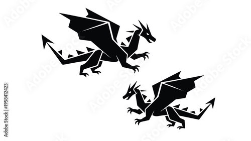 Two geometric dragons in flight and on ground  mythical creatures
