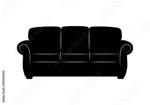 Classic black three-seater sofa silhouette with elegant rolled arms and plush cushions
