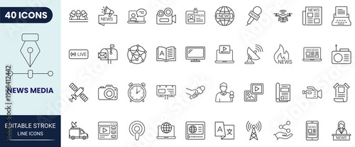 News and Media icon set in outline style. Editable stroke. Vector icon collection.