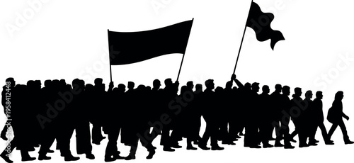 Protest crowd silhouettes with waving flags marching, social movement and demonstration concept, unity and activism, isolated black figures on white background