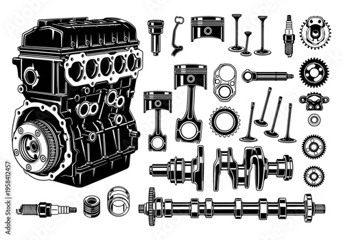 Detailed illustration of internal combustion engine components in black and white