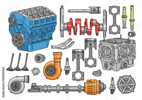 Detailed illustration of various internal combustion engine components arranged on a white background