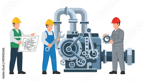 Precision and Expertise: A team of skilled technicians meticulously works on complex machinery, showcasing their expertise in a dynamic industrial setting. 