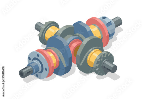 Detailed isometric illustration of a complex engine crankshaft with multiple throws and bearings