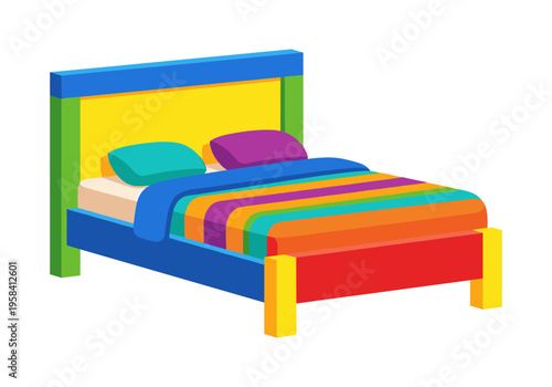 Vibrant and colorful children's bed with rainbow striped bedding and pillows