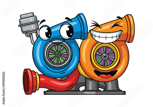 Two cartoon turbochargers smiling and looking excited, one blue and one orange