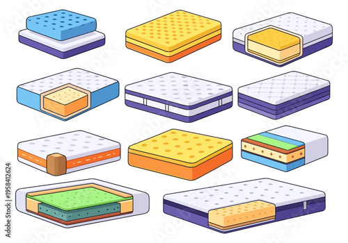 Collection of diverse mattress types with cutaway views showing internal layers and construction