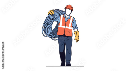 Hard Hat with Cable: An industrious worker in safety gear diligently carries a heavy coil of cable, showcasing dedication and commitment in the realm of infrastructure. 