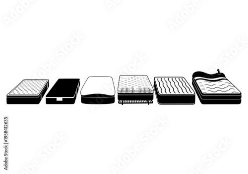 Collection of diverse mattress types and styles displayed in a row