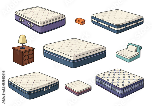 Collection of various mattresses and bedroom furniture in isometric view