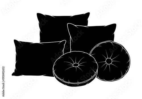 Collection of black throw pillows and round cushions on a white background