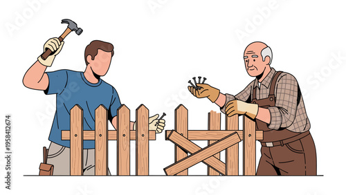 Crafting with Collaboration: A multigenerational duo unites in a hands-on project, constructing a wooden fence with precision and care, symbolizing the values of teamwork and shared experience.