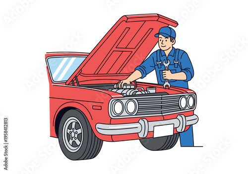 Mechanic in blue overalls working on a red car with the hood open