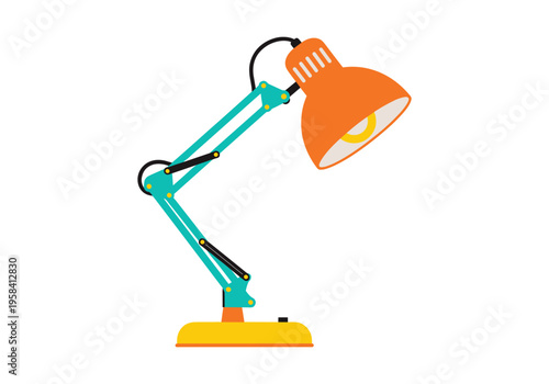 Adjustable desk lamp with articulated arm and orange shade on white background