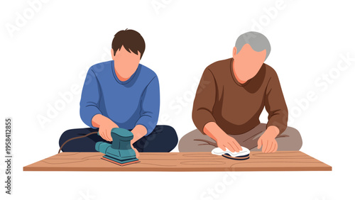Crafting Craftsmanship: Two figures, engrossed in the art of woodworking, demonstrate the timeless skill of sanding and polishing. Capturing dedication and fine carpentry work.