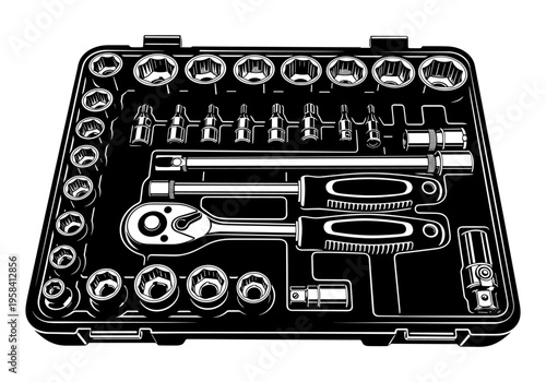 Comprehensive socket wrench set neatly organized in a black carrying case