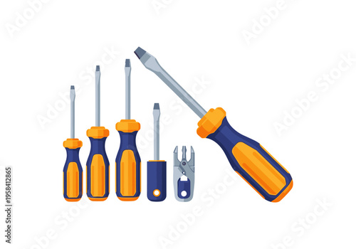Set of various screwdrivers and a wire stripper tool on a white background