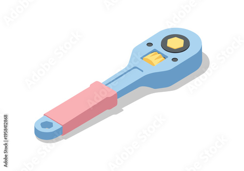 Modern ratchet wrench with blue handle and pink grip, isolated on white background