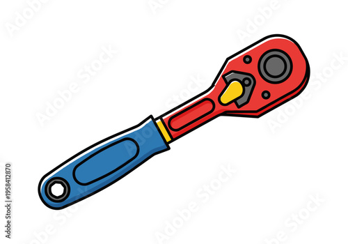 Cartoon ratchet wrench with red handle and blue grip on a white background
