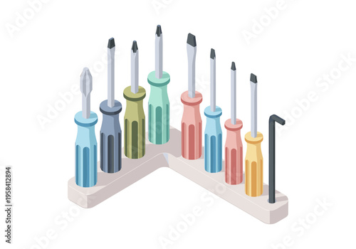 Collection of colorful screwdrivers and hex key in a holder