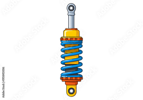 Brightly colored cartoon shock absorber with blue coil spring and yellow body