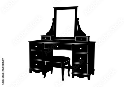 Classic black silhouette of a vanity table with mirror and stool