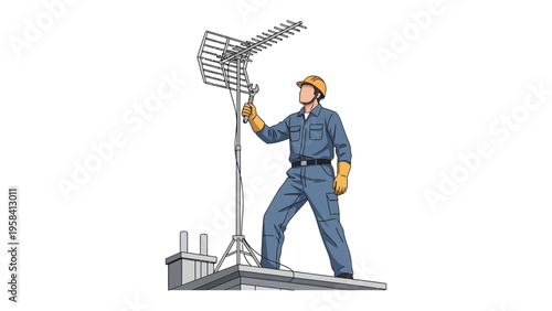 Antenna Installer on the Roof: An illustration of a skilled technician installing a television antenna on a rooftop, focusing on his dedication and service.