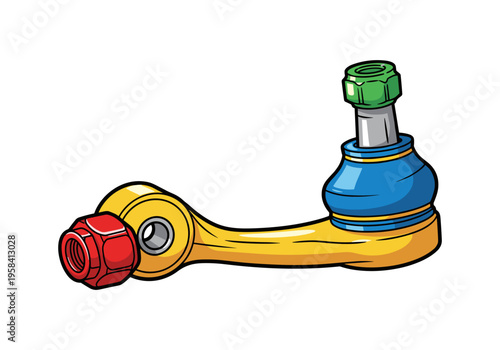 Automotive suspension part with bright yellow arm and blue boot