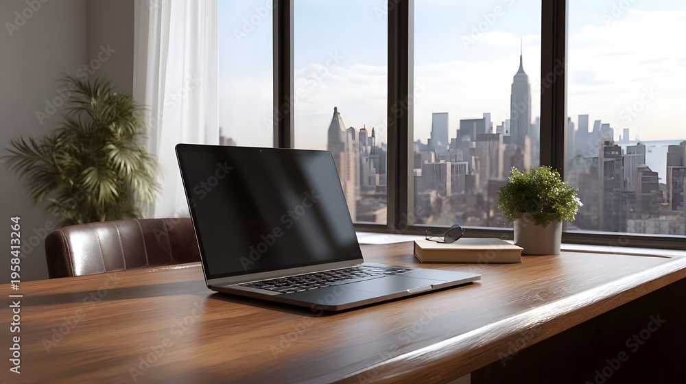 Fototapeta premium Modern laptop on a wooden desk overlooking a city skyline through a large window symbolizing a professional workspace