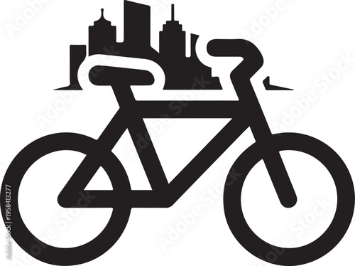 Vector bicycle icon with city skyline silhouette