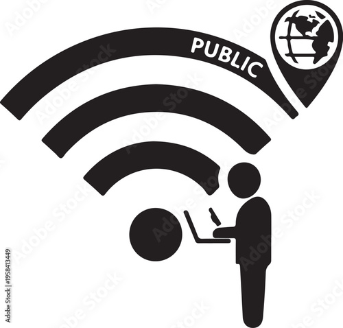 Black vector icon of person using laptop with public WiFi symbol