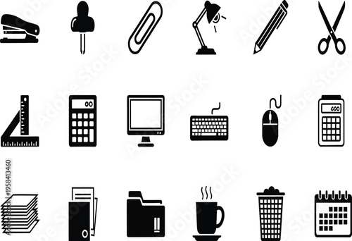 Professional vector icon sheet with business and office supplies symbols