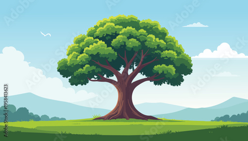 Large green tree standing alone in a peaceful meadow with blue sky soft clouds