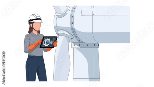 Wind Turbine Inspection: An engineer meticulously inspects the machinery of a colossal wind turbine, using a tablet to analyze data and ensure optimal performance.