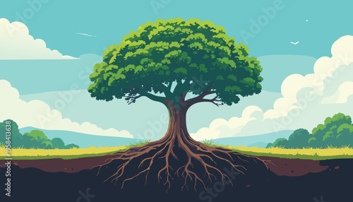 Vibrant green tree with strong trunk in open field with soft clouds and rolling hills perfect for peaceful nature