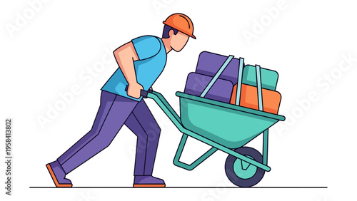 Wheelbarrow Work: A dedicated construction worker, adorned in a hardhat, pushes a wheelbarrow overflowing with building materials, symbolizing hard work and the diligent pursuit of progress. 