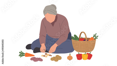 Harvest Bounty: An elderly person sits amidst a vibrant array of freshly harvested vegetables. A basket overflowing with nature's bounty and an elderly person carefully sorts the fresh produce.