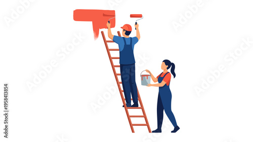 Painting the Dream: A dynamic duo of painters, working in tandem with ladders, rollers, and paint buckets to transform a space with vibrant colors.