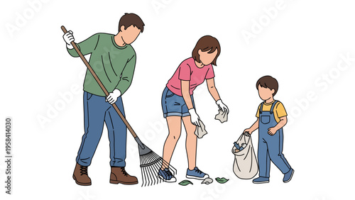 Community Clean-up: A family working together to clean up their community, demonstrating environmental responsibility and teamwork.