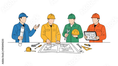 Blueprint Brainstorm: A team of construction workers gather around blueprints, engaged in focused discussion, collaborative planning, and technical analysis.