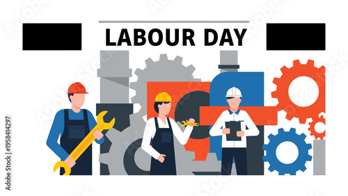 Labor Day Celebration: A group of construction workers, united in solidarity, hold up a banner proudly proclaiming Labor Day, honoring the hard work and dedication of the workforce.